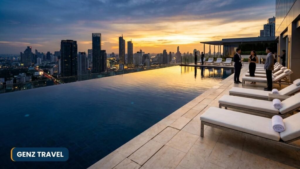 Infinity rooftop pool at a 5 star hotel in Bangkok Thailand overlooking the city skyline at sunset