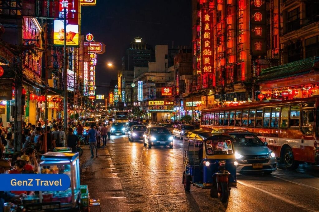 Bangkok Chinatown Yaowarat Road street food and tuk tuk at night