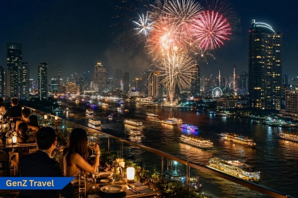 Bangkok New Year’s Eve fireworks over Chao Phraya River