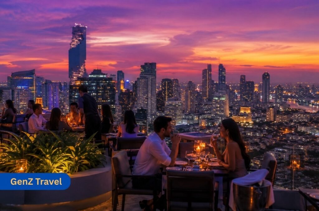 Bangkok rooftop bar with skyline views at sunset
