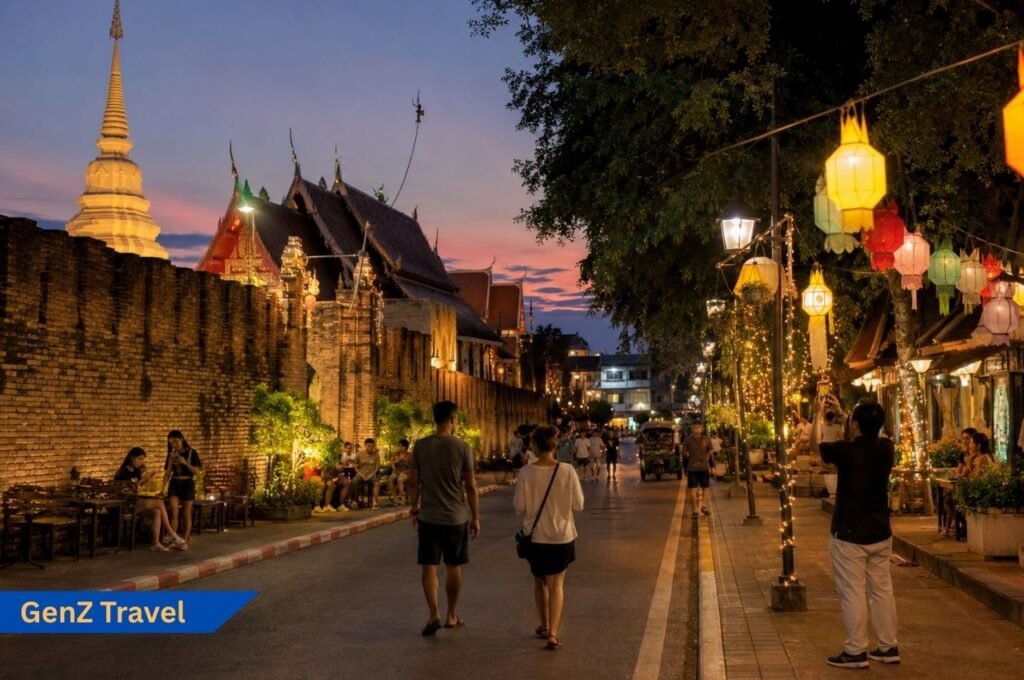 Chiang Mai night market food stalls during New Year in Thailand