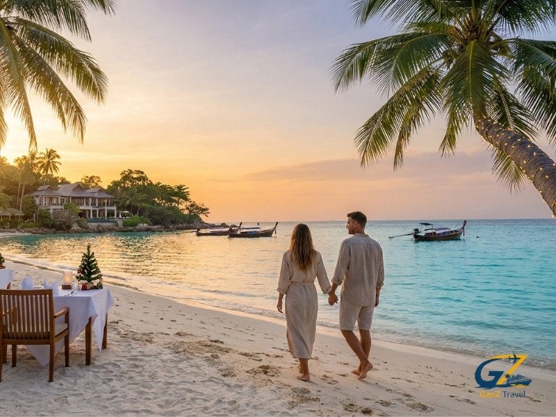 Christmas in Thailand beach holiday with a couple walking by turquoise sea, palm trees and subtle festive decorations at sunset.