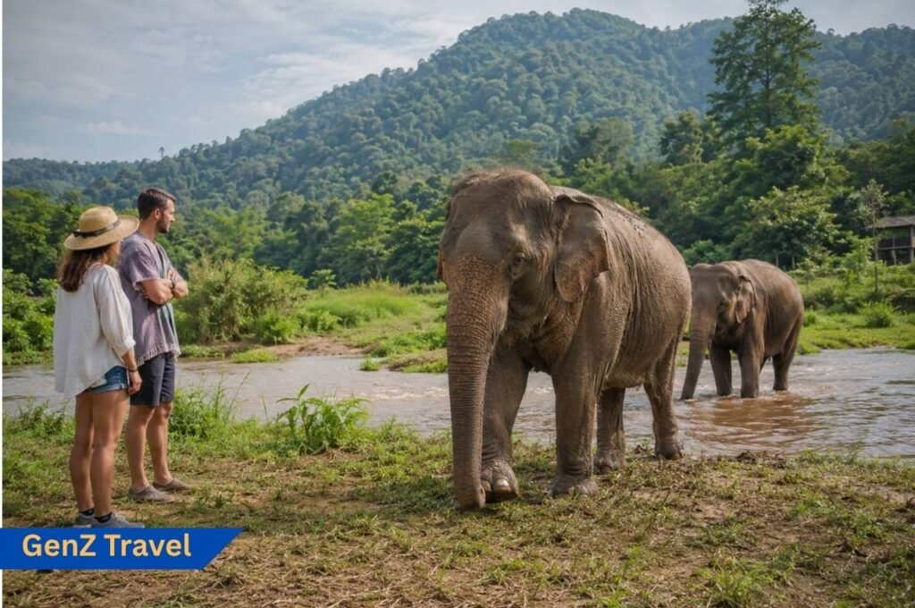 Ethical elephant sanctuary in Chiang Mai with travellers watching elephants by a river
