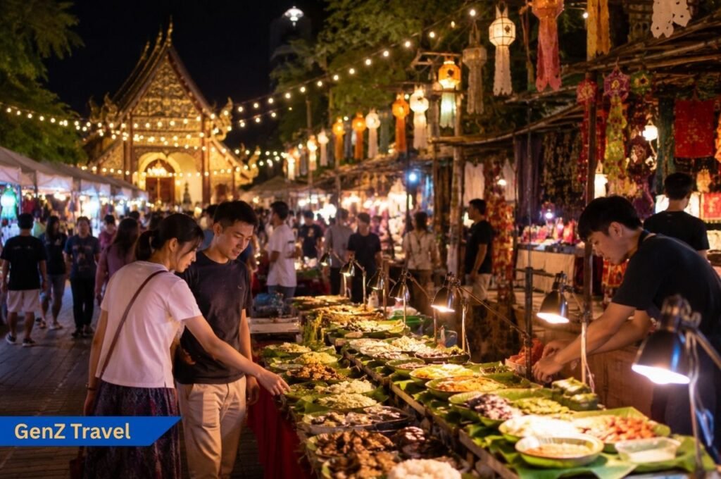 Chiang Mai night market food stalls with temple lights during New Year in Thailand