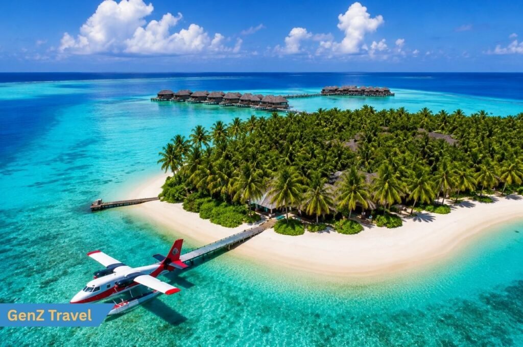 seaplane arrival at a private island resort surrounded by turquoise water