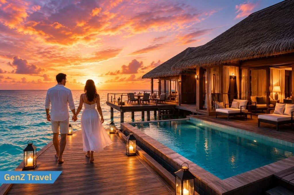 couple walking beside a luxury water villa with private pool at sunset