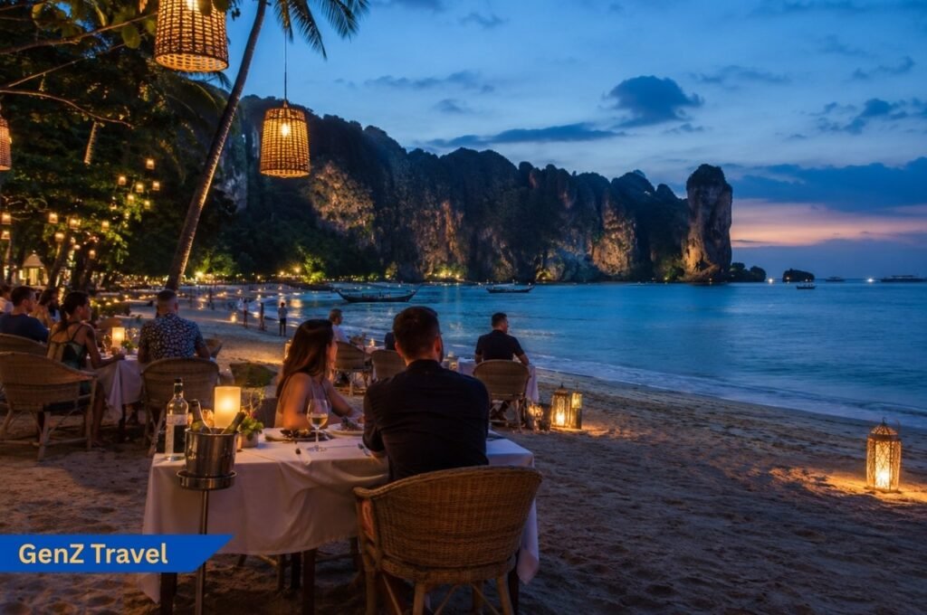 Phuket New Year’s Eve beach dinner with lanterns and limestone cliffs in Thailand