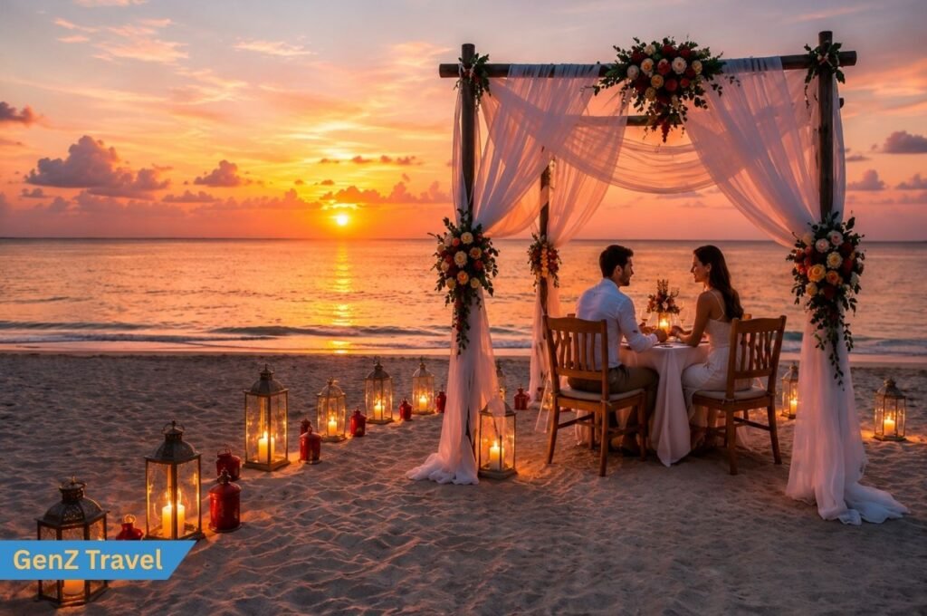 a romantic beachfront dinner at sunset and candlelit ocean views