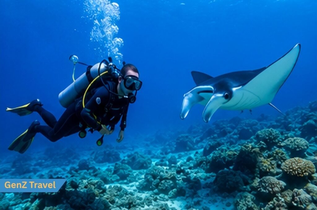 Scuba diving in Maldives with a manta ray above a coral reef