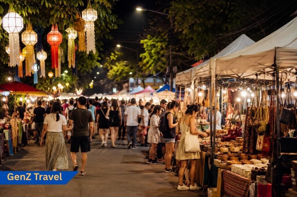 Chiang Mai night market with lanterns, shopping stalls and travellers in the evening
