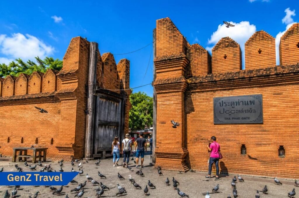 Tha Phae Gate in Chiang Mai Old City with brick walls, pigeons and travellers