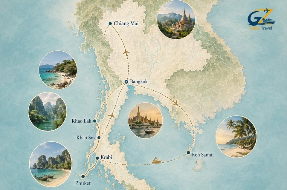 Thailand holiday routes map showing Bangkok, Chiang Mai, Phuket, Krabi, Khao Lak, Khao Sok and Koh Samui.