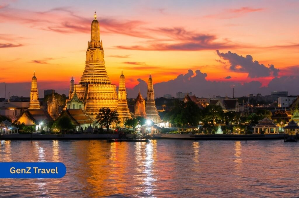 Wat Arun Temple of Dawn at sunset beside Chao Phraya River