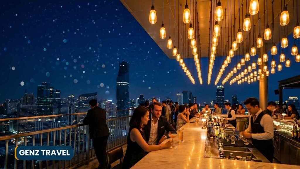 Rooftop bar at a Bangkok Thailand hotel at night with amber lighting and panoramic city skyline views