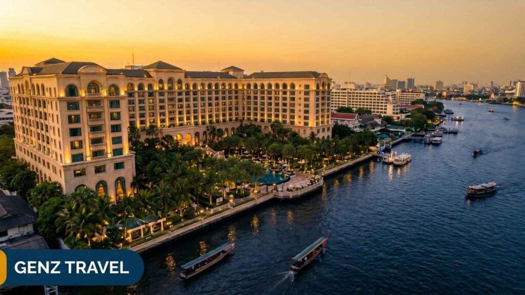 Aerial view of a luxury riverside hotel in Bangkok Thailand at golden hour with the Chao Phraya River in the background