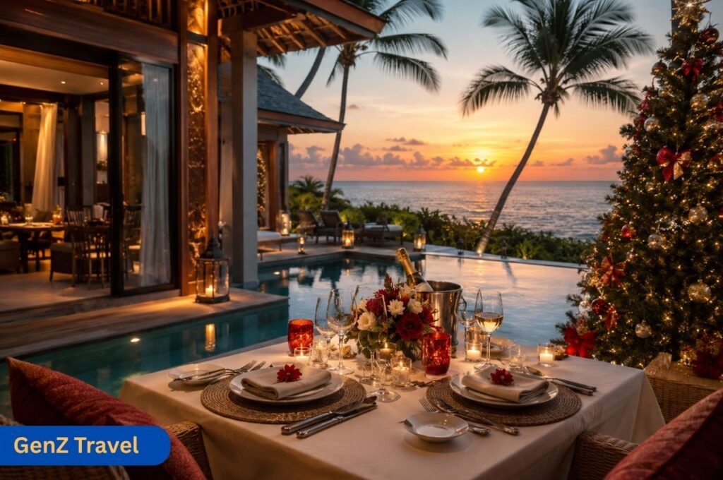 Luxury Christmas in Thailand dinner setup at a beachfront resort with sunset, private pool, palm trees and festive decorations.