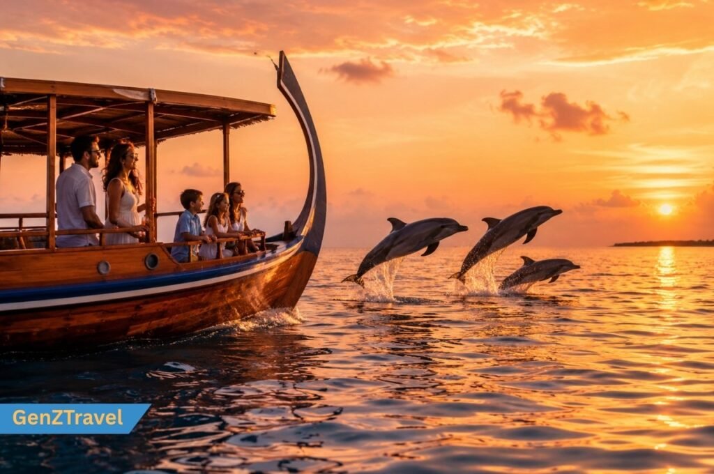 Dolphin cruise in Maldives at sunset with travellers on a traditional dhoni boat watching dolphins jump in the ocean.