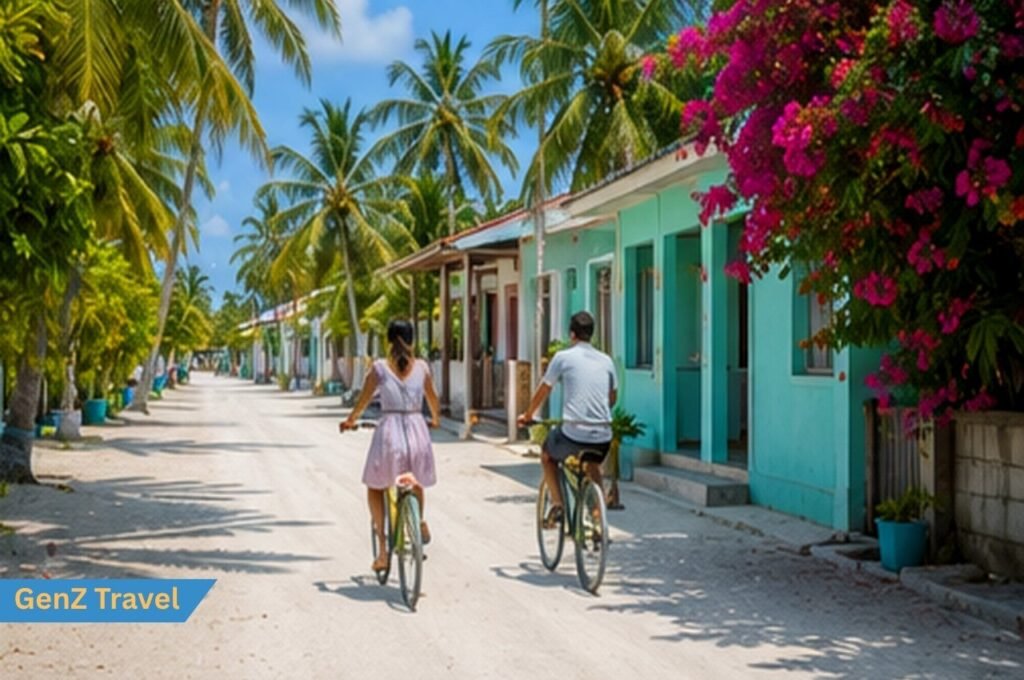 Couple cycling through a local island in Maldives with palm trees and colourful houses