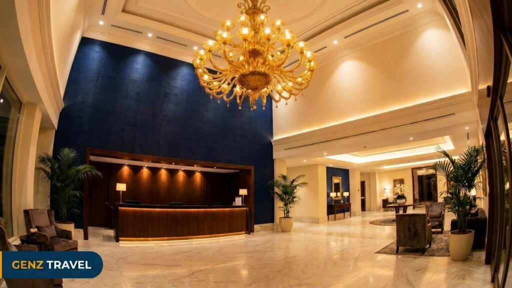 Grand lobby interior of a five star hotel in Bangkok Thailand with golden chandelier and marble floors