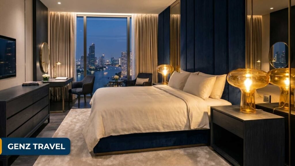 Luxury hotel bedroom interior in Bangkok Thailand with navy blue headboard and golden amber lighting and city views