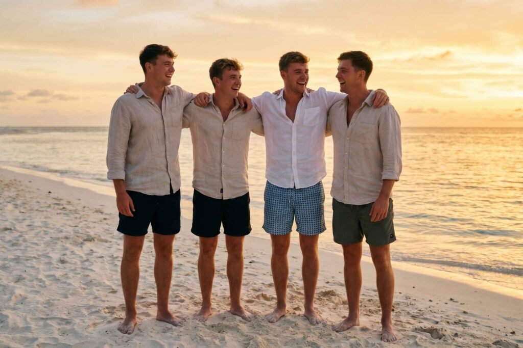 Happy group of travellers laughing on a tropical beach at golden hour reflecting real GenZ Travel customer reviews