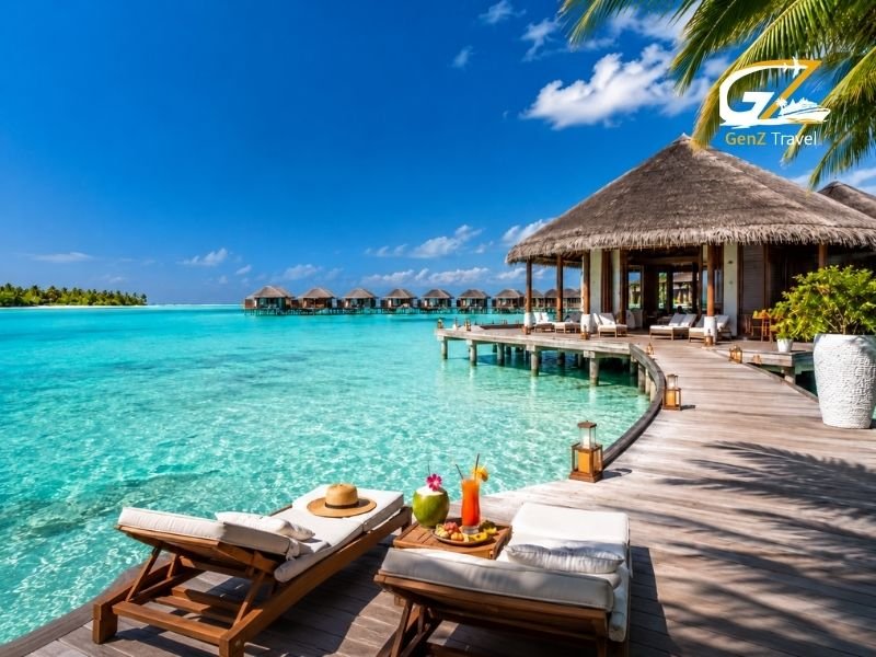 Luxury holidays to the Maldives with overwater villas, turquoise lagoon, private deck and tropical resort views.