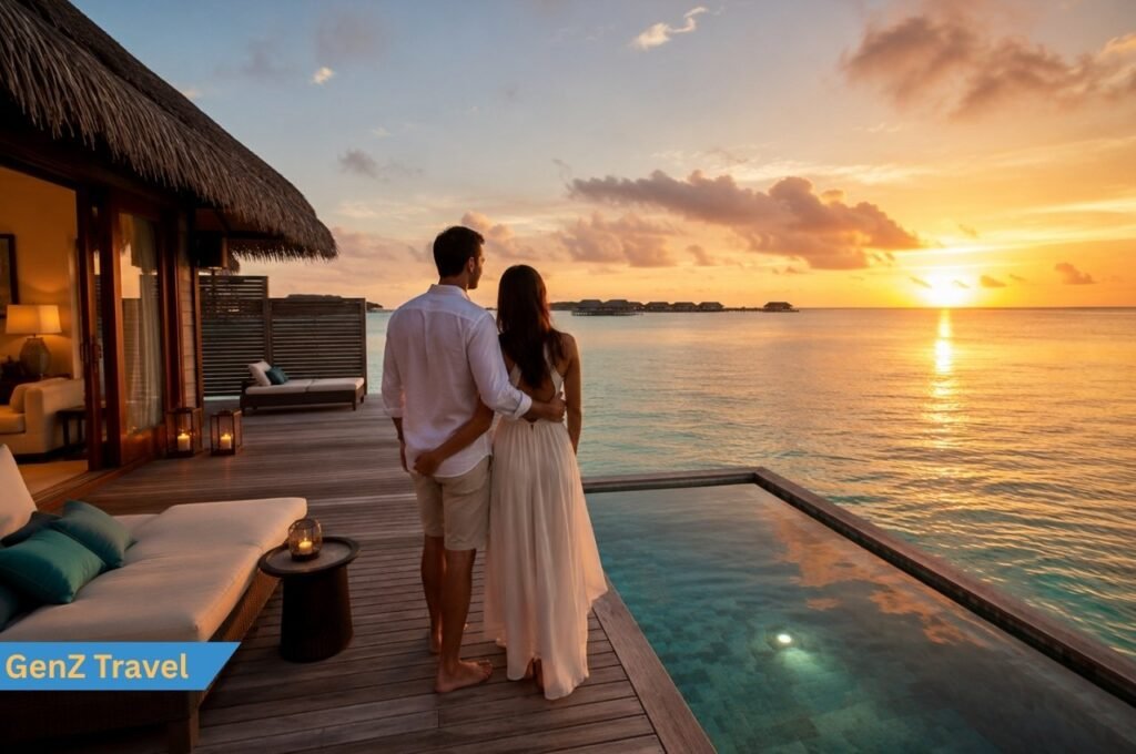 Romantic couple enjoying holidays to the Maldives in a private water villa at sunset.