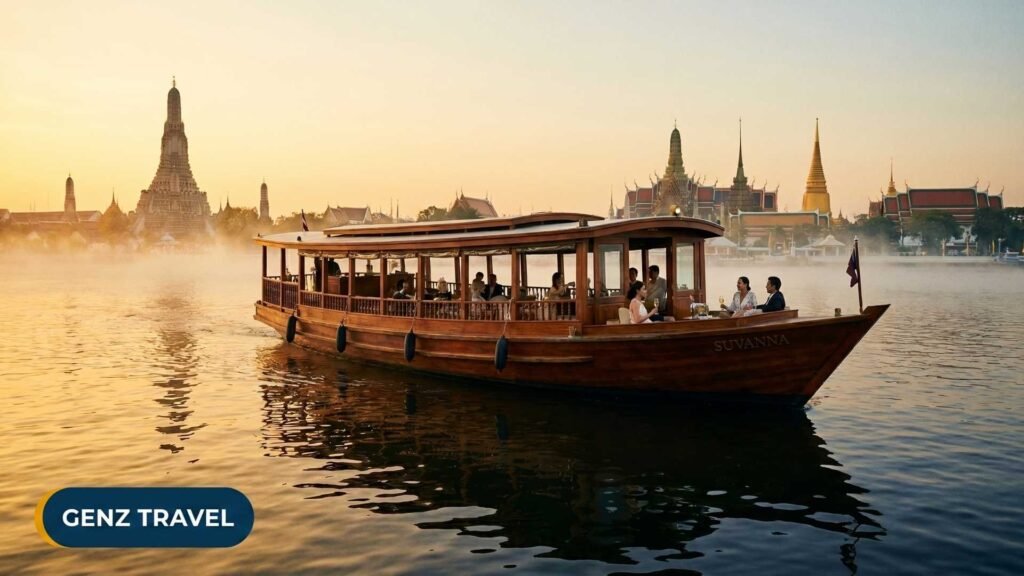 Elegant river cruise boat on the Chao Phraya River at golden hour near Bangkok Thailand riverside hotels