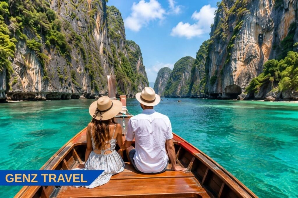 Krabi honeymoon Thailand with romantic limestone cliffs and longtail boat