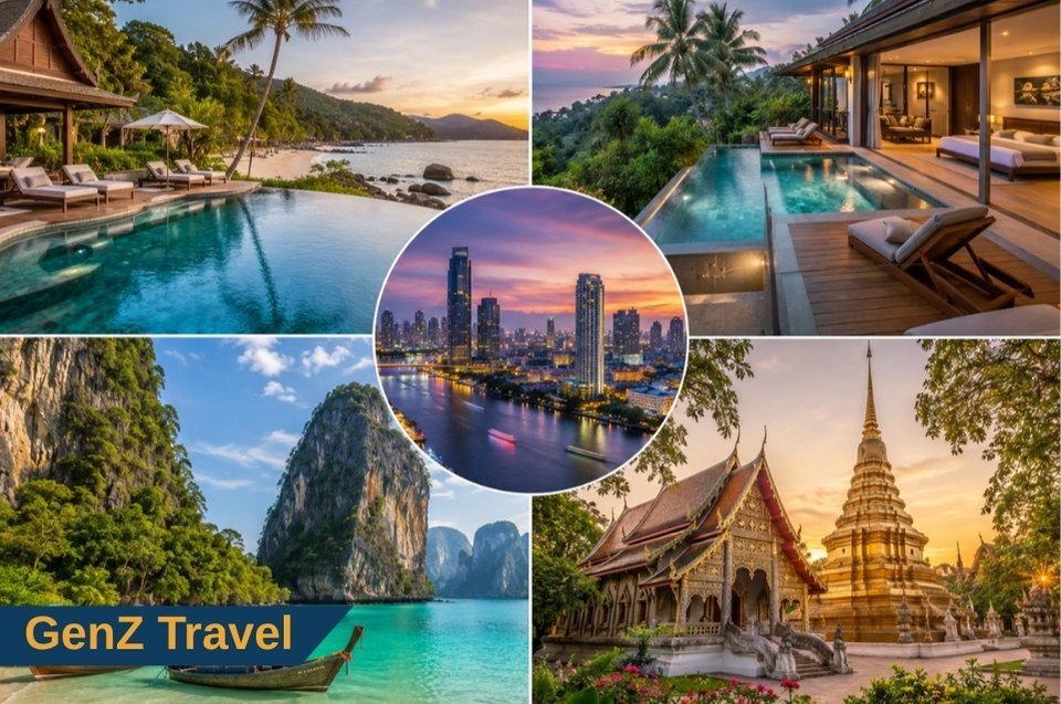 Luxury Thailand itinerary from the UK featuring beach resorts, Bangkok skyline, Krabi cliffs, private villa pool and Chiang Mai temple.