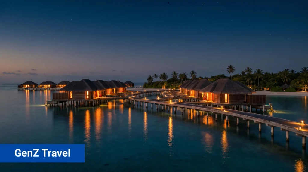 Shallow clear water and white sand Maldives beach surrounded by palm trees, perfect for a family holiday