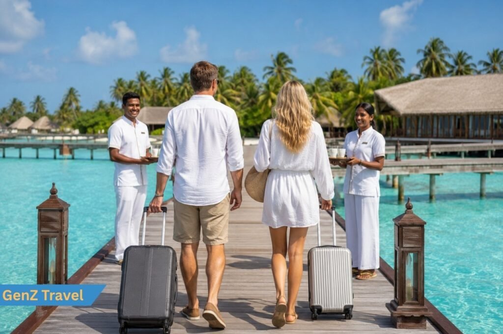 UK couple arriving for holidays to the Maldives at a luxury island resort