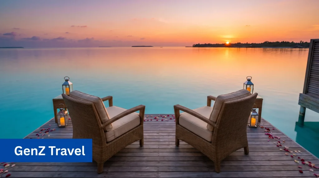 Two rattan chairs with lanterns and rose petals on an overwater deck facing a stunning Maldives sunset in orange and pink hues