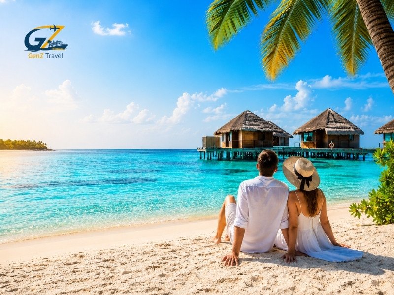 Maldives honeymoon tour with a romantic couple on a tropical beach overlooking turquoise water and luxury overwater villas.