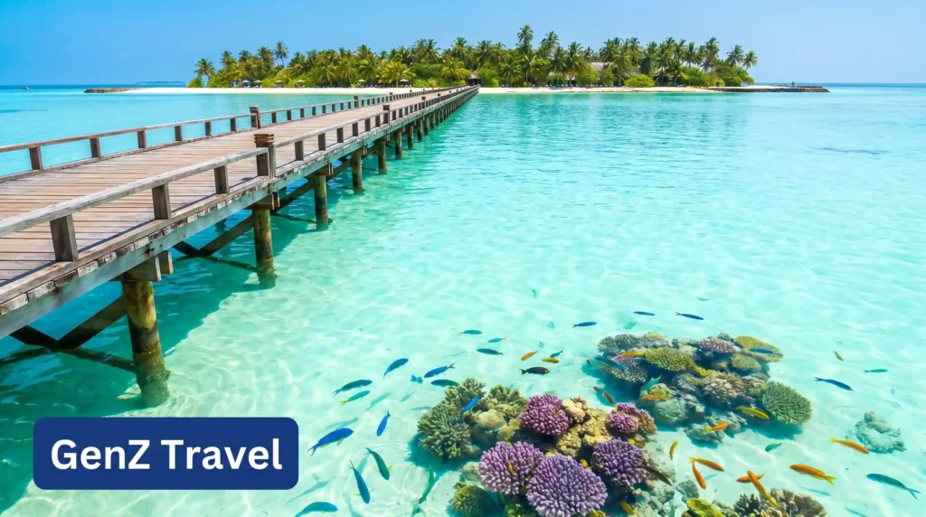 Long wooden jetty leading to a tropical Maldives island with crystal-clear turquoise water and colourful coral reef below