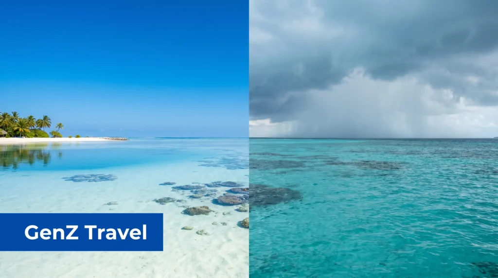 Maldives dry season and wet season comparison showing calm clear lagoon on the left and stormy rainy skies on the right