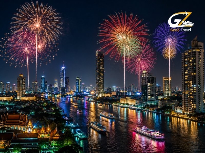 New Year’s Eve in Thailand with colourful fireworks over Bangkok skyline and Chao Phraya River cruises.