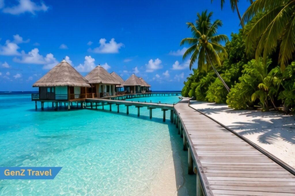 Overwater villas in Maldives with a wooden walkway and clear blue lagoon