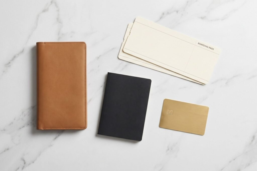 Luxury travel wallet passport and card flat lay representing safe and simple holiday payments for UK travellers