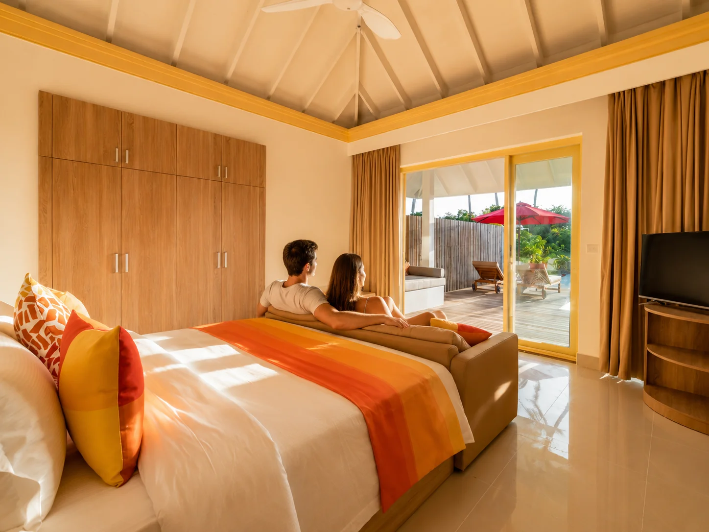 UK couple relaxing inside a bright bedroom at Siyam World Maldives Sunset Pool Beach Villa