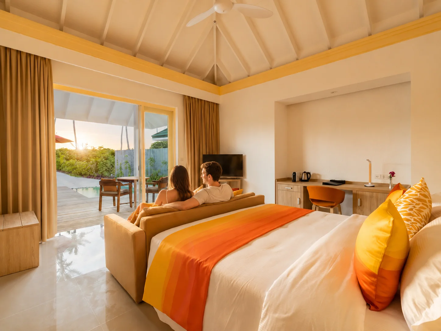UK couple relaxing on sun loungers beside a private pool at Siyam World Maldives Sunset Pool Beach Villa