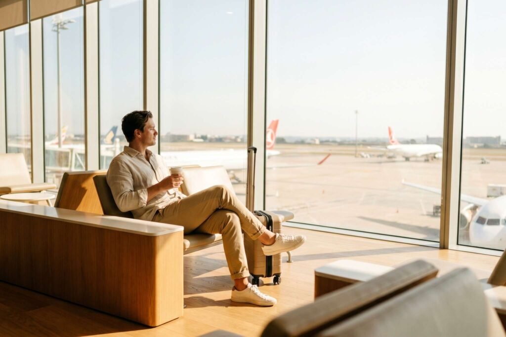 Relaxed UK traveller sitting in airport departure lounge with carry-on bag ready for a GenZ Travel holiday
