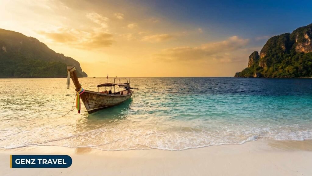 Thailand beaches collage with Phuket sand, Krabi limestone cliffs and a longtail boat