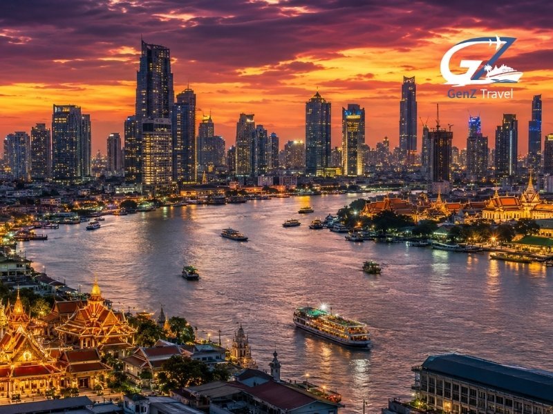 Things to do in Bangkok Thailand with skyline and Chao Phraya River at sunset
