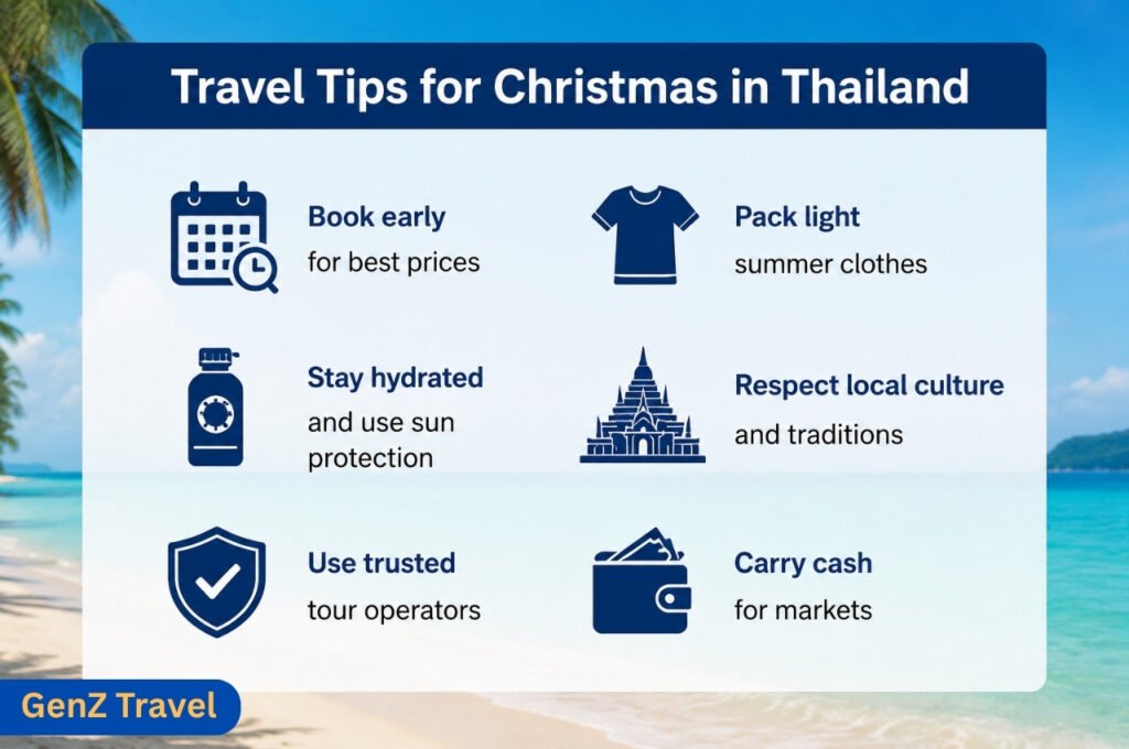 A clean Thailand Christmas travel tips infographic with beach background.