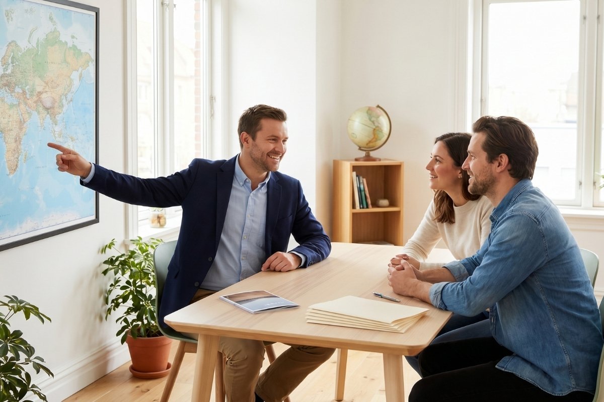 Travel consultant helping a couple plan a tailor-made holiday package at GenZ Travel UK office