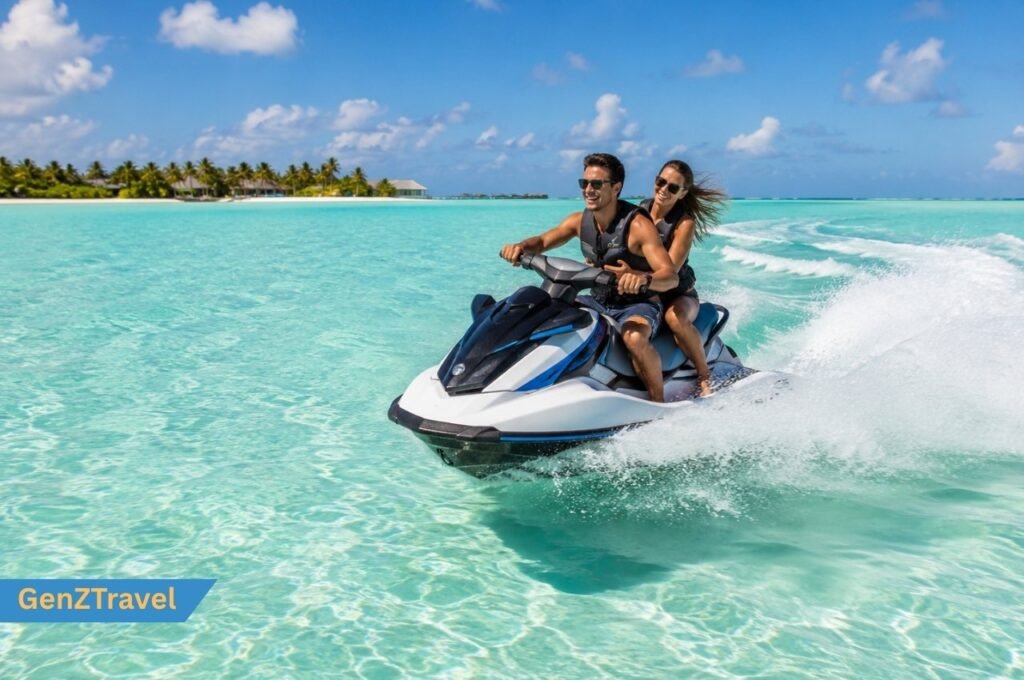Maldives water sports with a couple riding a jet ski across clear turquoise lagoon water