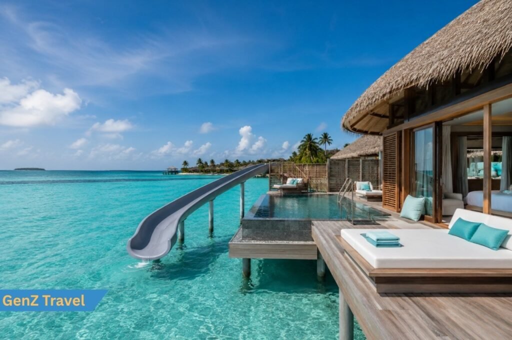holidays to the Maldives with private pool water villa, lagoon slide and overwater deck.