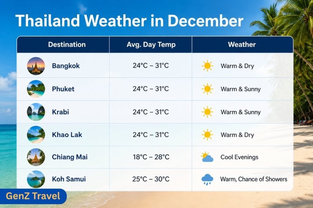 A clean Thailand December weather infographic with tropical beach styling.