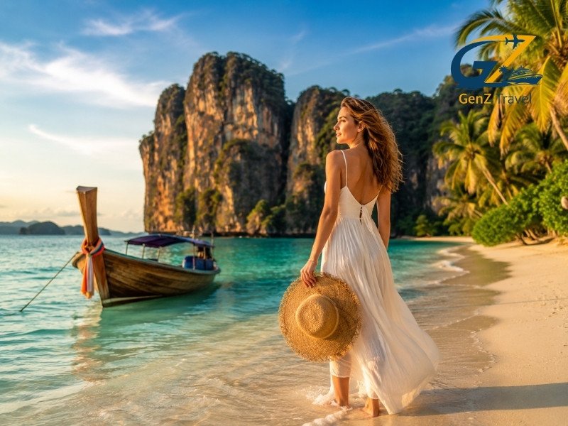 Young woman on a beautiful Thailand beach with turquoise water, a traditional longtail boat and limestone cliffs in the background.